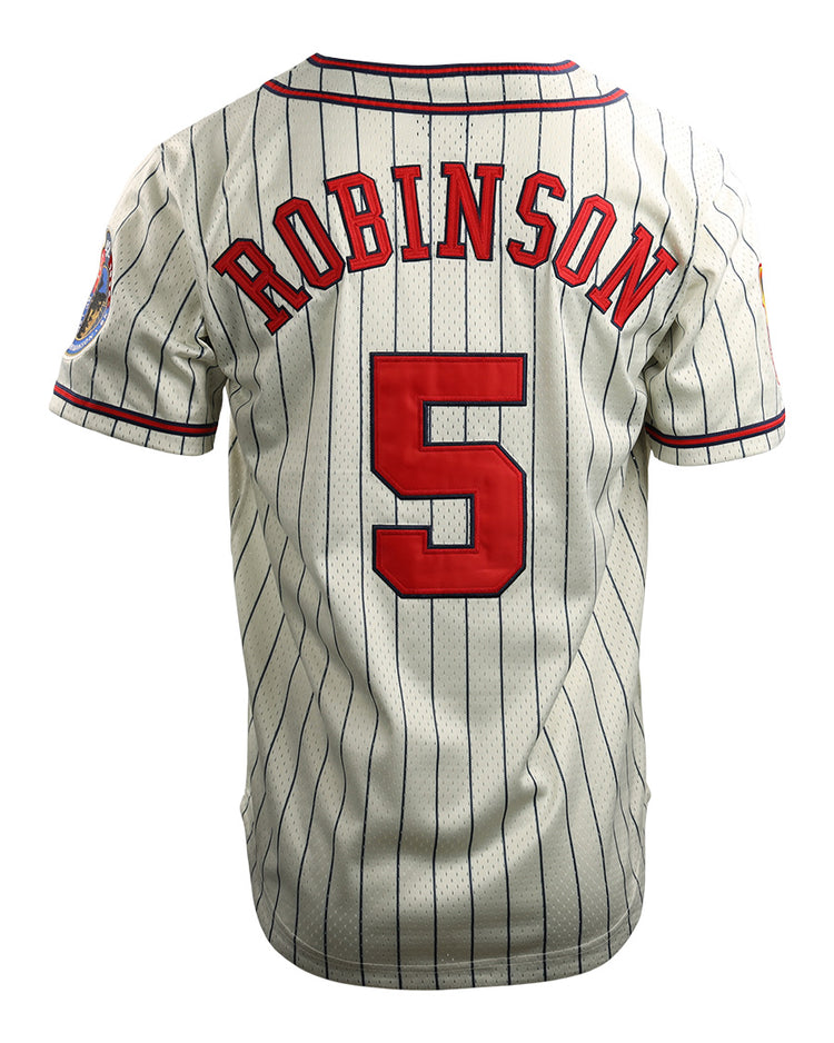 The EFF Jackie Robinson Kansas City Monarchs Vintage Inspired NL Replica Button-Up Mesh Jersey features white pinstripes, red letters and number 5, ROBINSON on the upper back, and a right sleeve patch honoring Negro National League history.