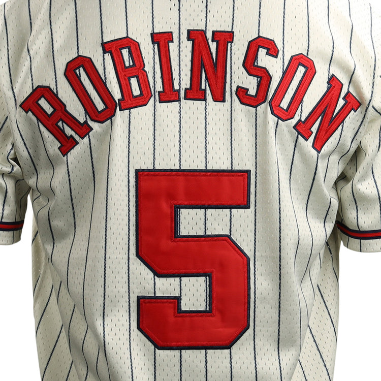 The back of the EFF Jackie Robinson Kansas City Monarchs Vintage Inspired NL Replica Button-Up Mesh Jersey features “ROBINSON” in red and a large red 5, honoring Negro National League legends with classic white pinstripes.