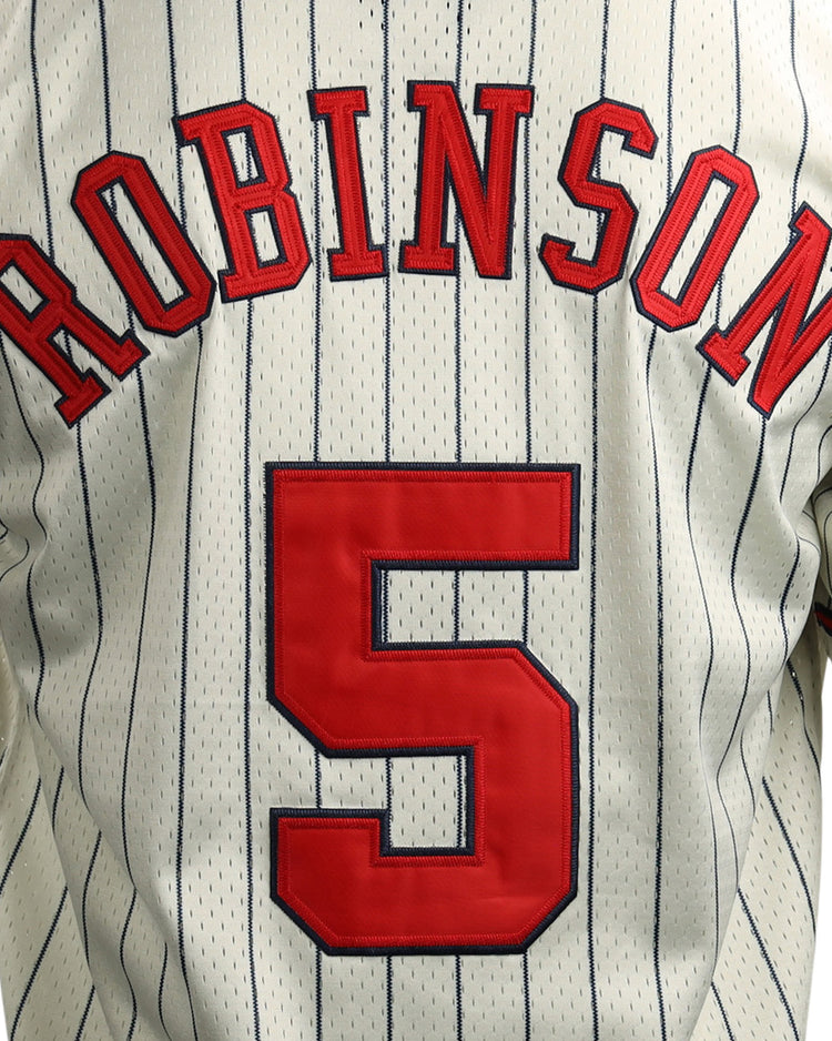 The back of the EFF Jackie Robinson Kansas City Monarchs Vintage Inspired NL Replica Button-Up Mesh Jersey features “ROBINSON” in red and a large red 5, honoring Negro National League legends with classic white pinstripes.