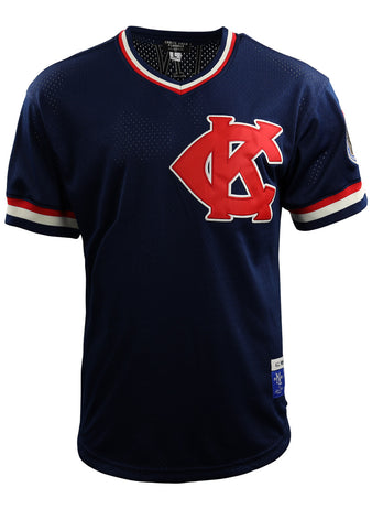The EFF Jackie Robinson Kansas City Monarchs Vintage Inspired NL Replica V-Neck Mesh Jersey features navy blue mesh, red and white trim, a large interlocking KC chest logo, and left sleeve patch, inspired by classic Ebbets Field Flannels.