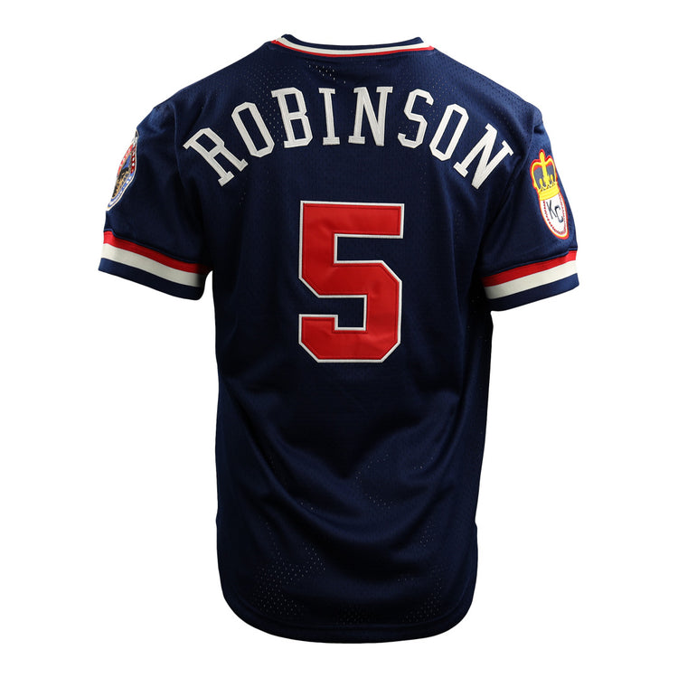 The Jackie Robinson Kansas City Monarchs Vintage Inspired NL Replica V-Neck Mesh Jersey by EFF features navy mesh, red/white/blue trim, ROBINSON in white, a large red 5 on the back, sleeve patches, and is shown on a plain white background.