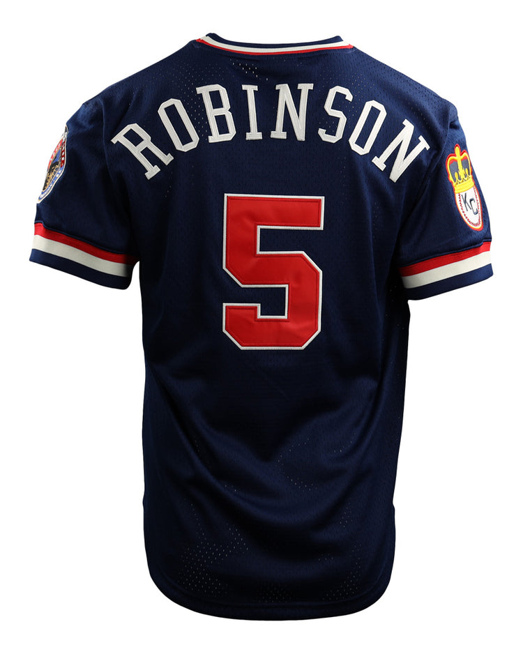 The Jackie Robinson Kansas City Monarchs Vintage Inspired NL Replica V-Neck Mesh Jersey by EFF features navy mesh, red/white/blue trim, ROBINSON in white, a large red 5 on the back, sleeve patches, and is shown on a plain white background.