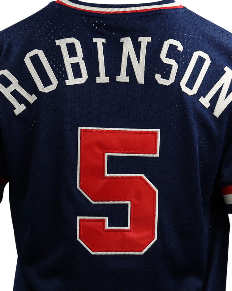 The EFF Jackie Robinson Kansas City Monarchs Vintage Inspired NL Replica V-Neck Mesh Jersey features navy mesh with white trim, “ROBINSON” in white on the back, and bold red and white number 5, inspired by classic designs.