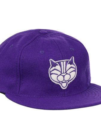 The EFF Northwestern University Mascot Vintage Ballcap is a purple hat with an embroidered white and gray cartoon cat face, inspired by a classic Wildcat design—perfect for fans of college sports mascots.