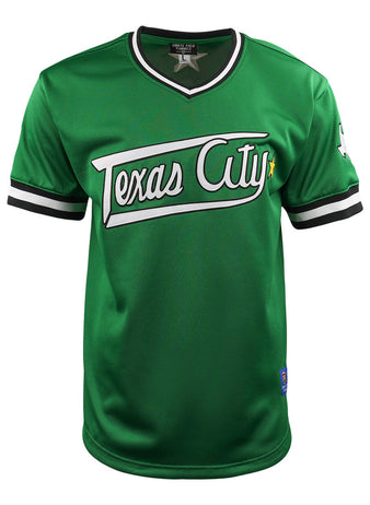 The EFF Texas City Stars EFF Lone Star Baseball Jersey is a green short-sleeve jersey with black and white trim, bold white “Texas City Stars” script, and a yellow star—ideal for passionate professional baseball fans.