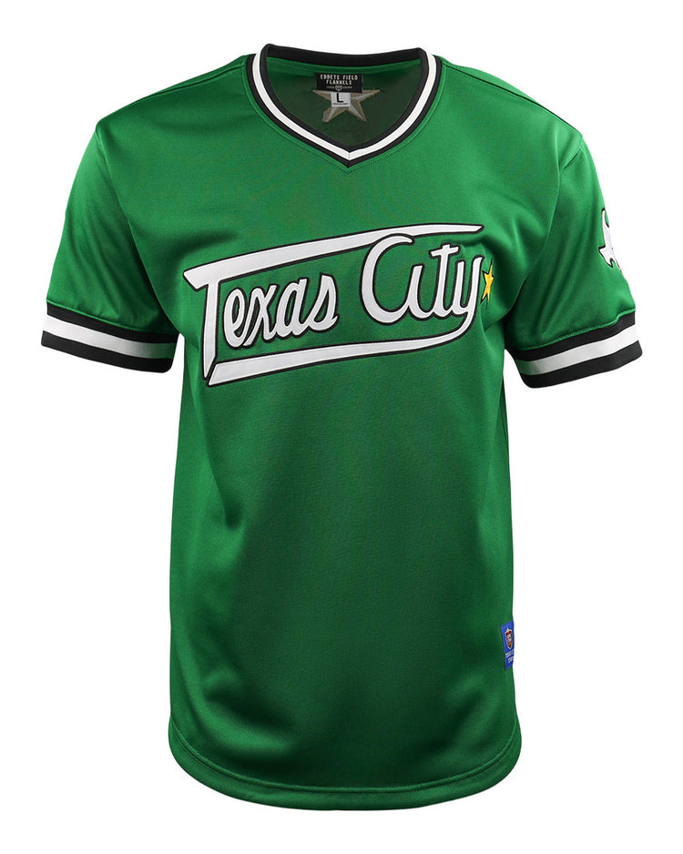 The EFF Texas City Stars EFF Lone Star Baseball Jersey is a green short-sleeve jersey with black and white trim, bold white “Texas City Stars” script, and a yellow star—ideal for passionate professional baseball fans.