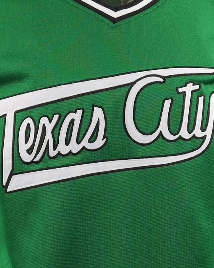 The EFF Texas City Stars EFF Lone Star Baseball Jersey features Texas City Stars in white script with black outline across the chest and a yellow star to the right, celebrating the excitement of professional baseball.