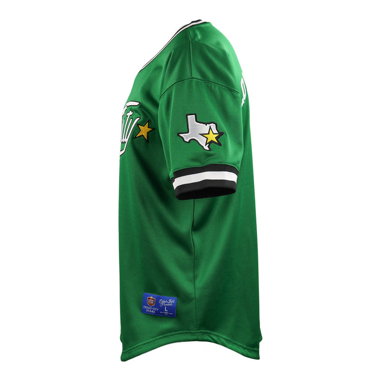 Side view of the EFF Texas City Stars Lone Star Baseball Jersey with white and black striped cuffs, a Texas City Stars patch featuring a white-outlined star, and tags near the hem—ideal for dedicated pro baseball fans.