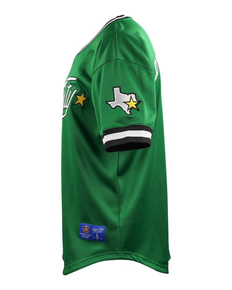 Side view of the EFF Texas City Stars Lone Star Baseball Jersey with white and black striped cuffs, a Texas City Stars patch featuring a white-outlined star, and tags near the hem—ideal for dedicated pro baseball fans.