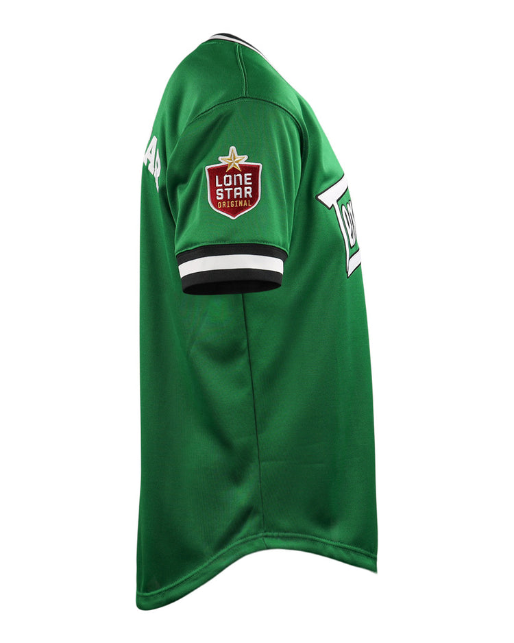 The EFF Texas City Stars EFF Lone Star Baseball Jersey is shown from the side, featuring a Lone Star patch on the sleeve with black and white cuff stripes, plus white lettering partly visible on the front and back.