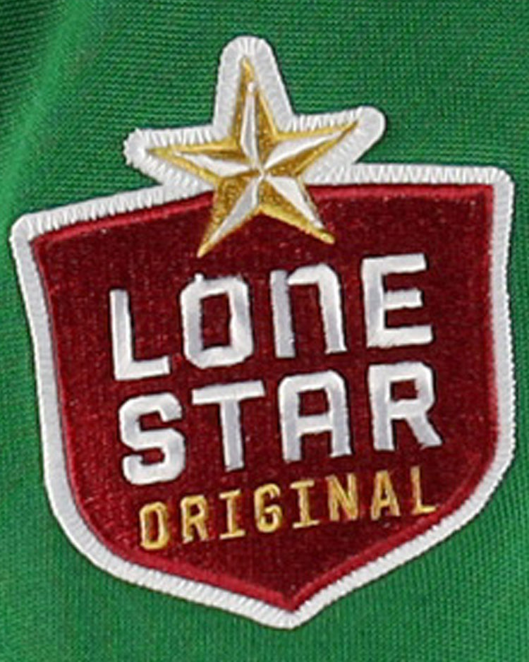 The Texas City Stars EFF Lone Star Baseball Jersey by EFF features a red and white patch with a gold star reading Lone Star Original on green fabric, celebrating the spirit of the legendary Texas City Stars.