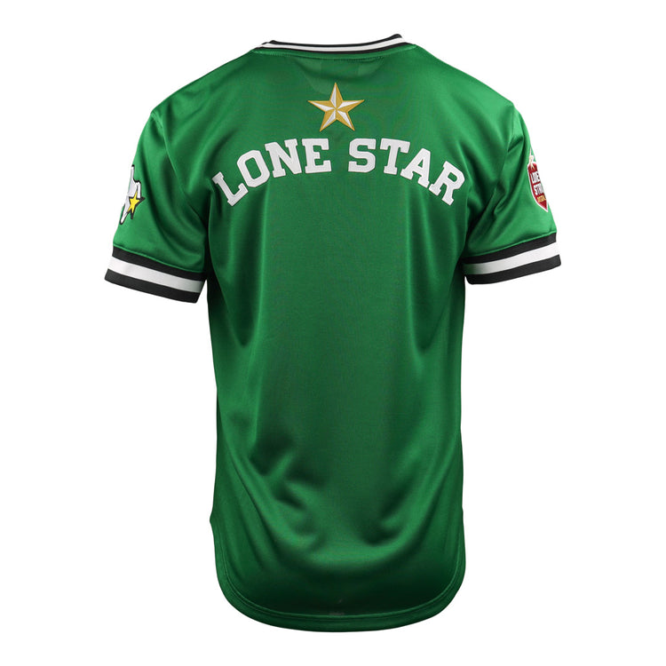 The EFF Texas City Stars Lone Star Baseball Jersey features green fabric, black and white striped sleeves, a gold star above LONE STAR in white on the back, and a Texas City Stars patch on the right sleeve.