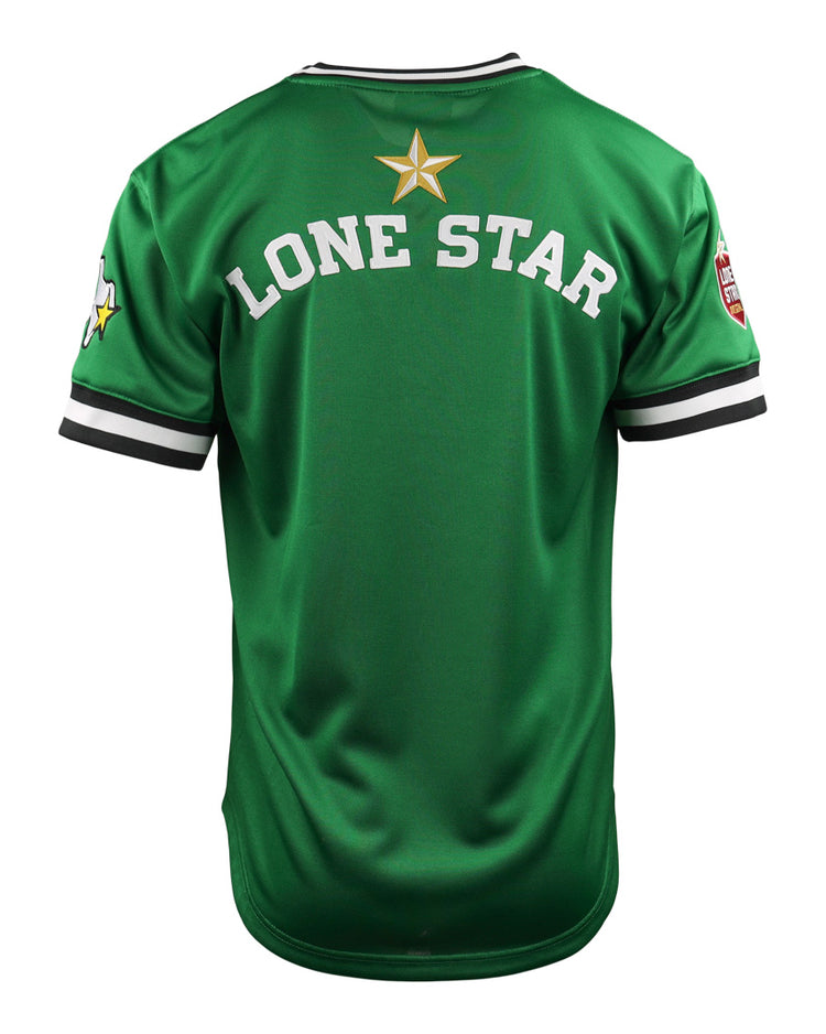 The EFF Texas City Stars Lone Star Baseball Jersey features green fabric, black and white striped sleeves, a gold star above LONE STAR in white on the back, and a Texas City Stars patch on the right sleeve.