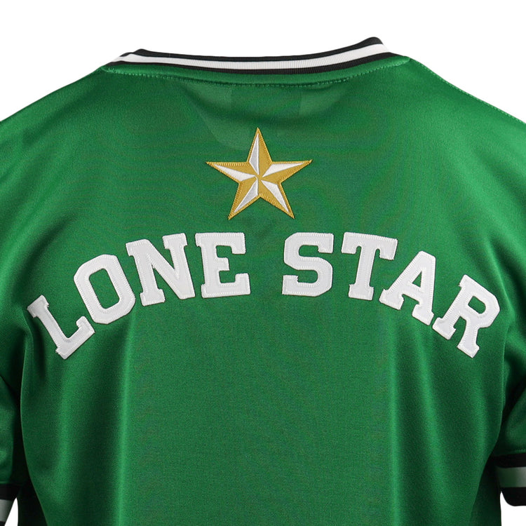 The EFF Texas City Stars EFF Lone Star Baseball Jersey features LONE STAR in white curved block letters and a gold and white star emblem on the back—a must-have for Texas City Stars baseball fans.