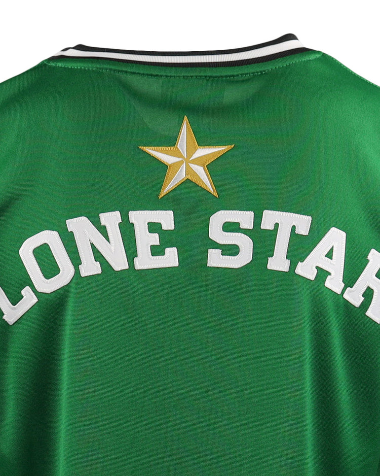 The EFF Texas City Stars EFF Lone Star Baseball Jersey features LONE STAR in white curved block letters and a gold and white star emblem on the back—a must-have for Texas City Stars baseball fans.