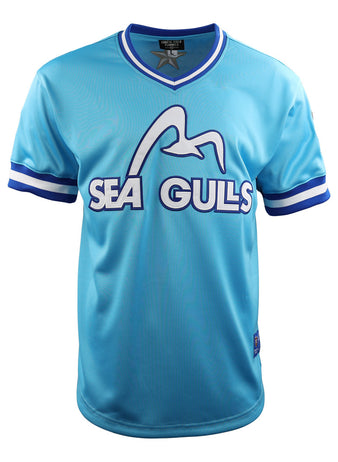 The EFF Corpus Christi Seagulls Lone Star Baseball Jersey features light blue fabric, white and blue striped sleeves, SEAGULLS text, and a seagull graphic—honoring the Gulf States League Champion Corpus Christi Seagulls.