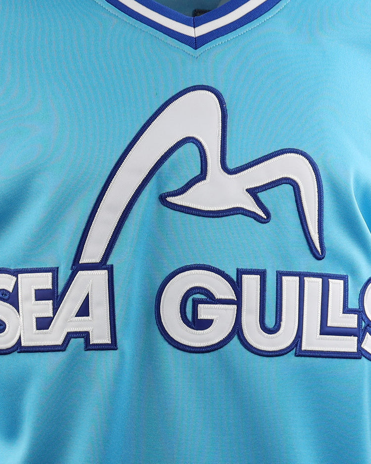 The EFF Corpus Christi Seagulls EFF Lone Star Baseball Jersey is light blue with SEA GULLS in large white outlined letters and a seagull graphic above, celebrating the Gulf States League champion team.