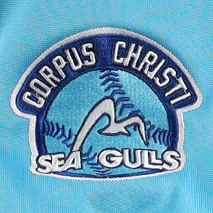 The EFF Corpus Christi Seagulls Lone Star Baseball Jersey features “Corpus Christi Seagulls” text, a stylized seagull, and baseball stitch lines on blue—ideal for fans of this champion team.