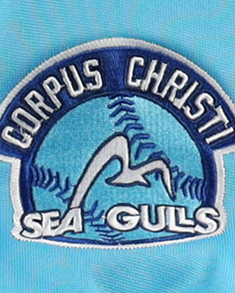 The EFF Corpus Christi Seagulls Lone Star Baseball Jersey features “Corpus Christi Seagulls” text, a stylized seagull, and baseball stitch lines on blue—ideal for fans of this champion team.
