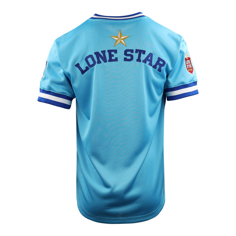The EFF Corpus Christi Seagulls EFF Lone Star Baseball Jersey is light blue with LONE STAR and a gold star on the back, white and blue striped sleeves, a left arm patch, and celebrates the Gulf States League Champions.
