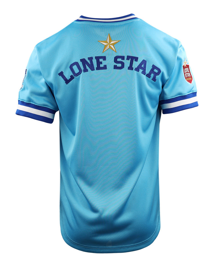 The EFF Corpus Christi Seagulls EFF Lone Star Baseball Jersey is light blue with LONE STAR and a gold star on the back, white and blue striped sleeves, a left arm patch, and celebrates the Gulf States League Champions.
