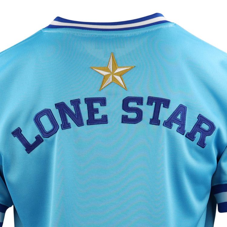 A close-up of the EFF Corpus Christi Seagulls Lone Star Baseball Jersey shows LONE STAR in bold blue on the light blue back, a gold star above, and Gulf States League Champions details. Blue and white stripes accent the collar.