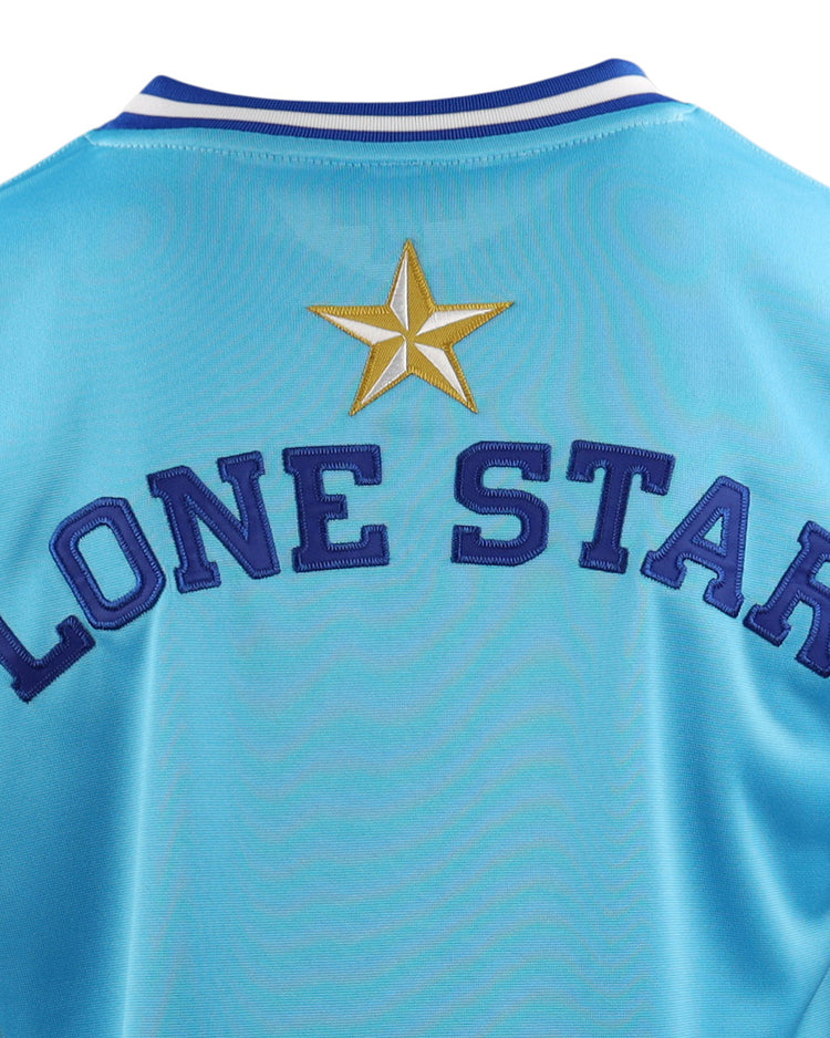 A close-up of the EFF Corpus Christi Seagulls Lone Star Baseball Jersey shows LONE STAR in bold blue on the light blue back, a gold star above, and Gulf States League Champions details. Blue and white stripes accent the collar.