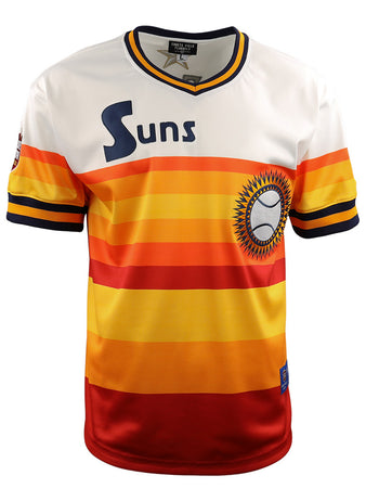 The EFF Harlingen Suns EFF Lone Star Baseball Jersey features a retro style with horizontal yellow, orange, and red stripes, a white top section, Suns text on the chest, and a sunburst baseball logo.