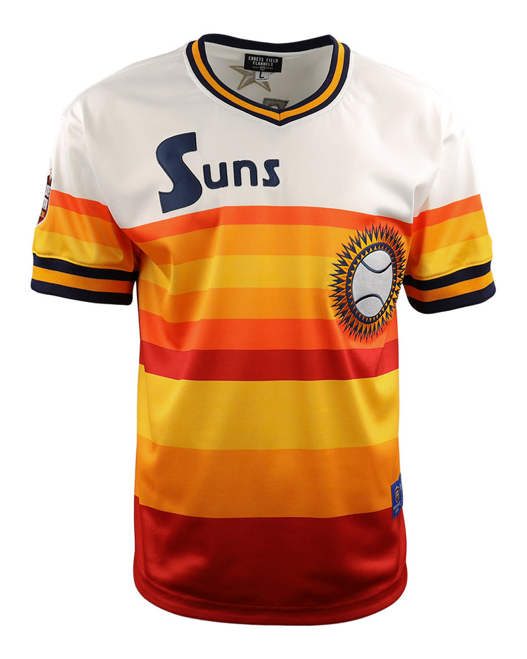 The EFF Harlingen Suns EFF Lone Star Baseball Jersey features a retro style with horizontal yellow, orange, and red stripes, a white top section, Suns text on the chest, and a sunburst baseball logo.