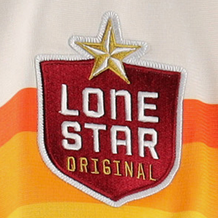 The Harlingen Suns EFF Lone Star Baseball Jersey by EFF features a red shield patch with orange and yellow stripes, a gold star, LONE STAR in white above ORIGINAL in yellow—evoking classic Texas baseball style.
