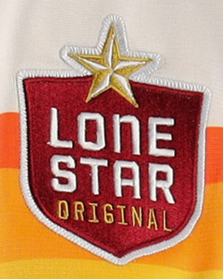 The Harlingen Suns EFF Lone Star Baseball Jersey by EFF features a red shield patch with orange and yellow stripes, a gold star, LONE STAR in white above ORIGINAL in yellow—evoking classic Texas baseball style.