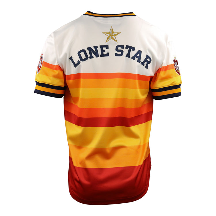 The EFF Harlingen Suns EFF Lone Star Baseball Jersey features a back view with “LONE STAR” and a gold star, bold stripes in white, yellow, orange, and red, plus navy and yellow sleeve trim inspired by Texas baseball.