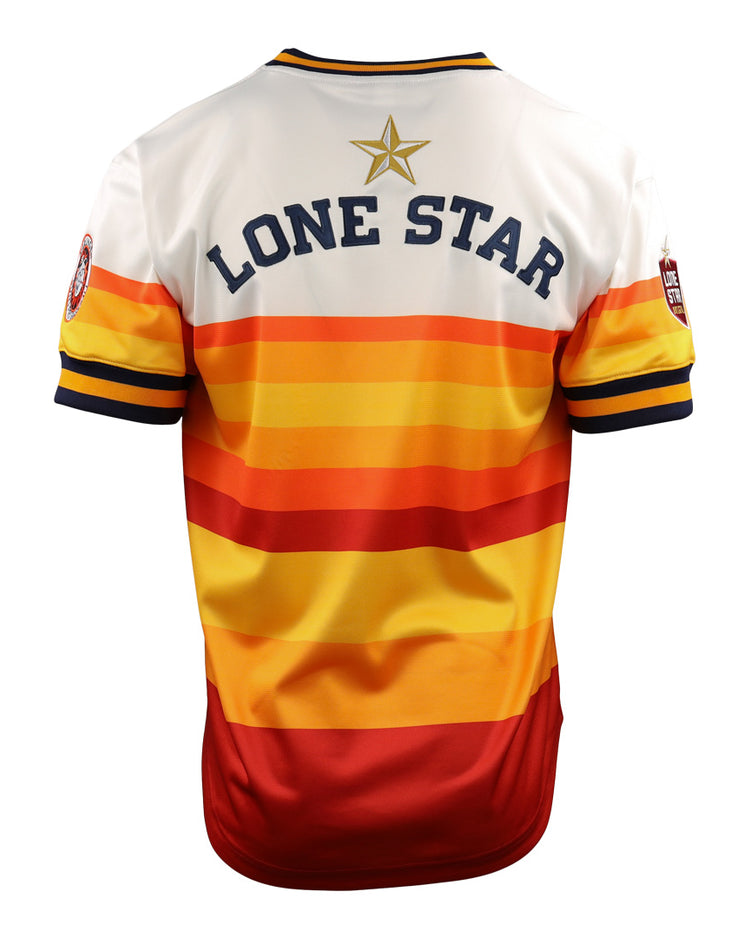 The EFF Harlingen Suns EFF Lone Star Baseball Jersey features a back view with “LONE STAR” and a gold star, bold stripes in white, yellow, orange, and red, plus navy and yellow sleeve trim inspired by Texas baseball.