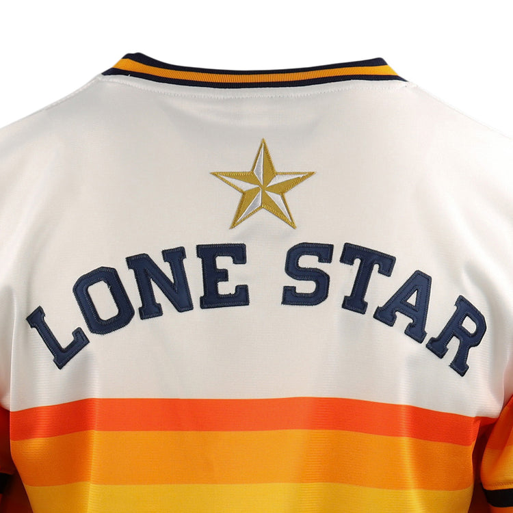 The Harlingen Suns EFF Lone Star Baseball Jersey by EFF features a white design with orange and yellow stripes, “LONE STAR” in navy blue, a gold star on the back—a classic tribute to Texas baseball and Lone Star League heritage.