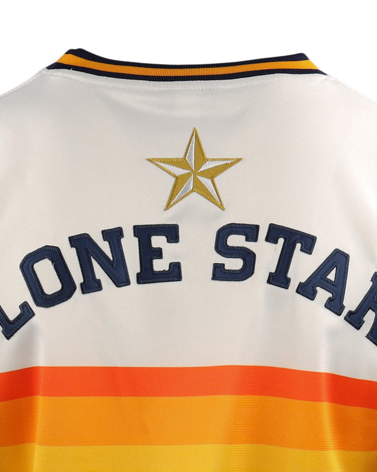 The Harlingen Suns EFF Lone Star Baseball Jersey by EFF features a white design with orange and yellow stripes, “LONE STAR” in navy blue, a gold star on the back—a classic tribute to Texas baseball and Lone Star League heritage.