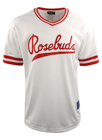 The Victoria Rosebuds EFF Lone Star Baseball Jersey by EFF is a white, short-sleeve jersey with red stripes, a V-neck collar, and Rosebuds in red script across the chest, representing the Lone Star League North Division team.
