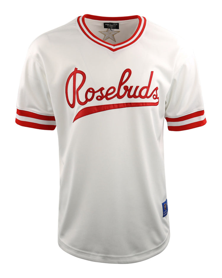 The Victoria Rosebuds EFF Lone Star Baseball Jersey by EFF is a white, short-sleeve jersey with red stripes, a V-neck collar, and Rosebuds in red script across the chest, representing the Lone Star League North Division team.