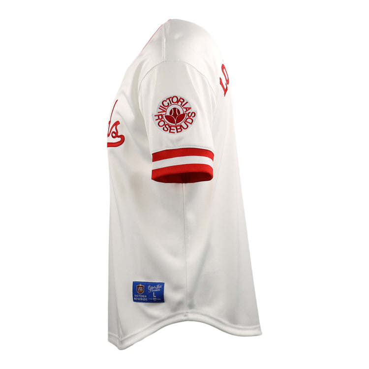 The Victoria Rosebuds EFF Lone Star Baseball Jersey by EFF features red sleeve stripes, a PORTLAND ROSEBUDS patch, red script on the chest, and a blue and gold tag near the hem inspired by North Division rivals.