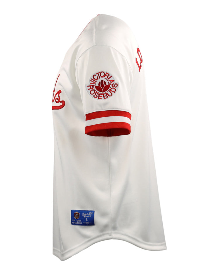 The Victoria Rosebuds EFF Lone Star Baseball Jersey by EFF features red sleeve stripes, a PORTLAND ROSEBUDS patch, red script on the chest, and a blue and gold tag near the hem inspired by North Division rivals.