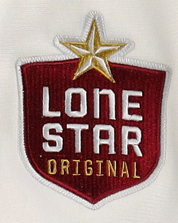 The Victoria Rosebuds EFF Lone Star Baseball Jersey by EFF features red and white colors with a gold star and “LONE STAR ORIGINAL” lettering—ideal for Victoria Rosebuds fans or Lone Star League North Division supporters.