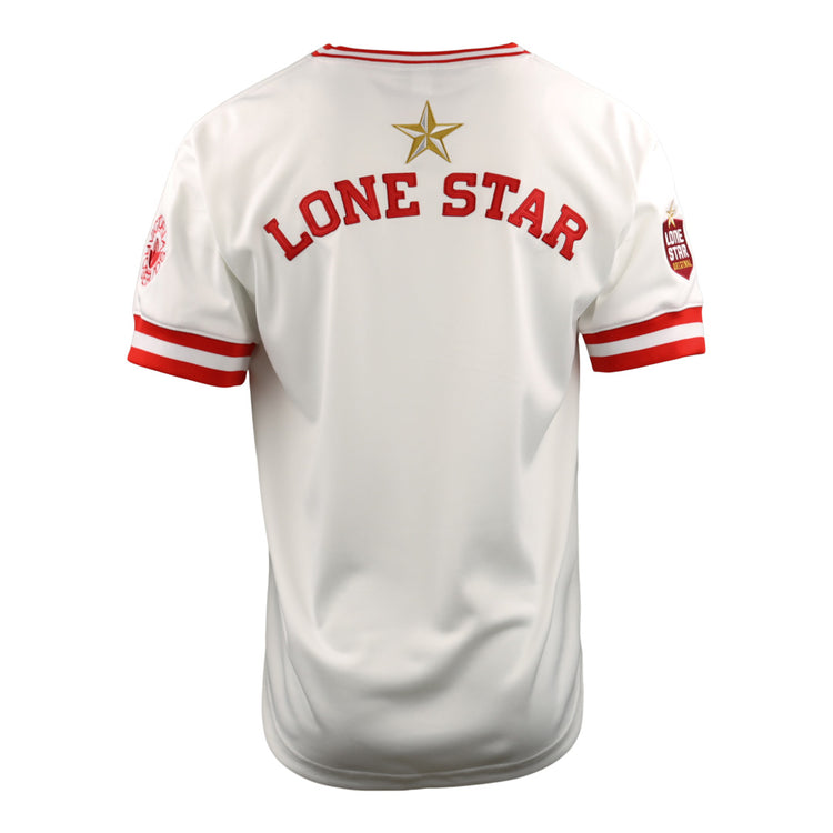 The Victoria Rosebuds EFF Lone Star Baseball Jersey by EFF features a white design with red trim, logos on both sleeves, and a gold star above red LONE STAR text on the back, celebrating the Lone Star League.