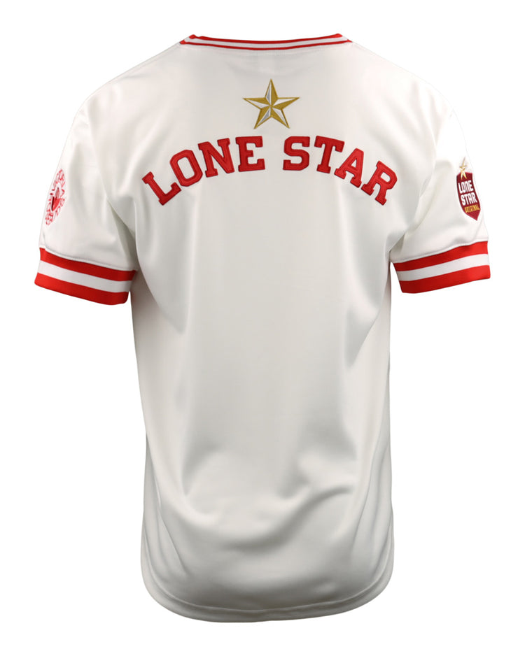 The Victoria Rosebuds EFF Lone Star Baseball Jersey by EFF features a white design with red trim, logos on both sleeves, and a gold star above red LONE STAR text on the back, celebrating the Lone Star League.