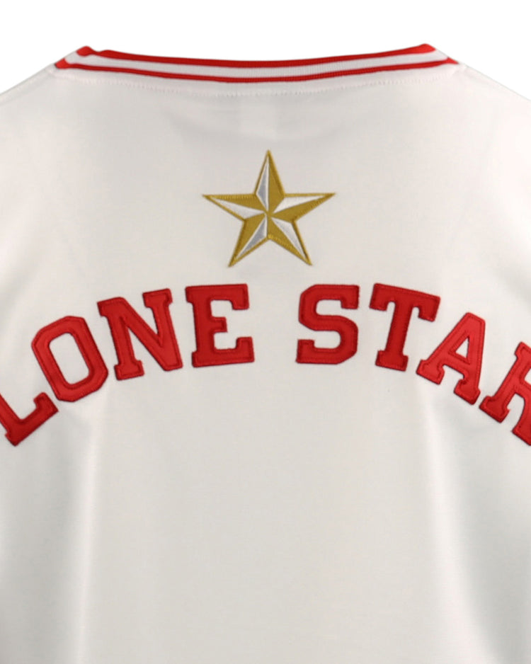 The EFF Victoria Rosebuds Lone Star Baseball Jersey features a white base with red trim, LONE STAR in large red letters on the back, and a gold star above—celebrating the Lone Star League’s North Division team.