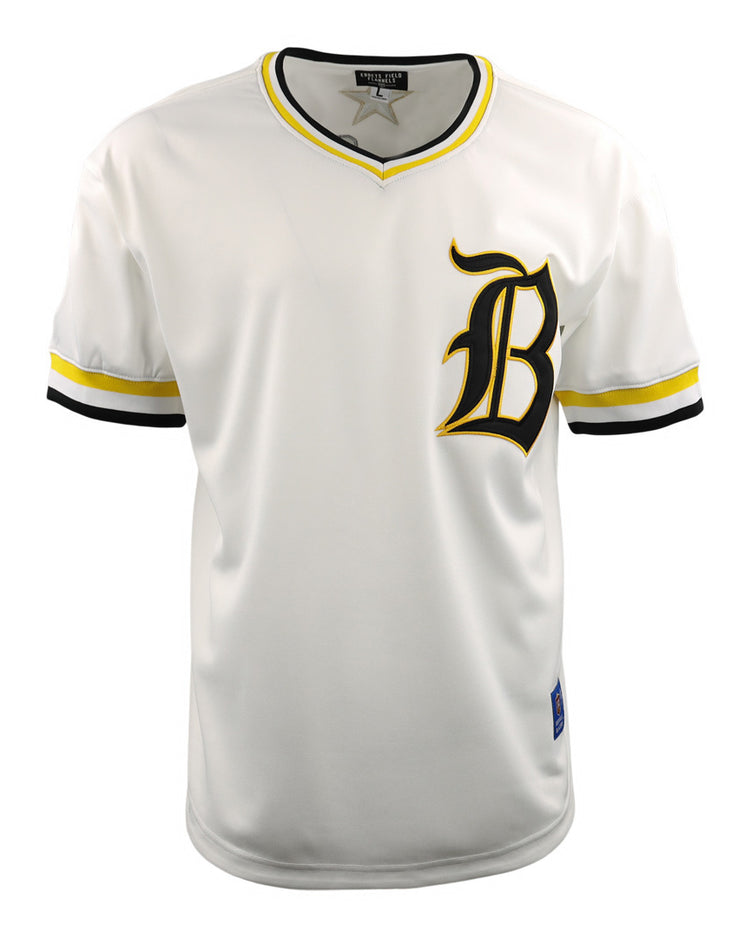 The Beeville Blazers EFF Lone Star Baseball Jersey by EFF features yellow and black striped accents and a bold letter B on the chest, as worn by the Beeville Blazers at Joe Hunter Field.