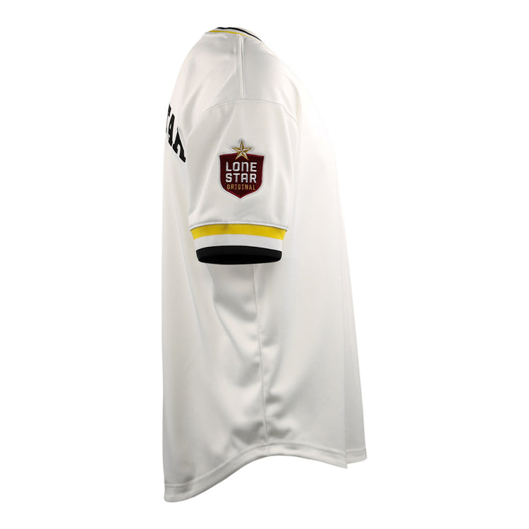 Side view of the white EFF Beeville Blazers Lone Star Baseball Jersey, featuring black and yellow sleeve trim and a distinctive Lone Star patch that captures the spirit of Corpus Christi.