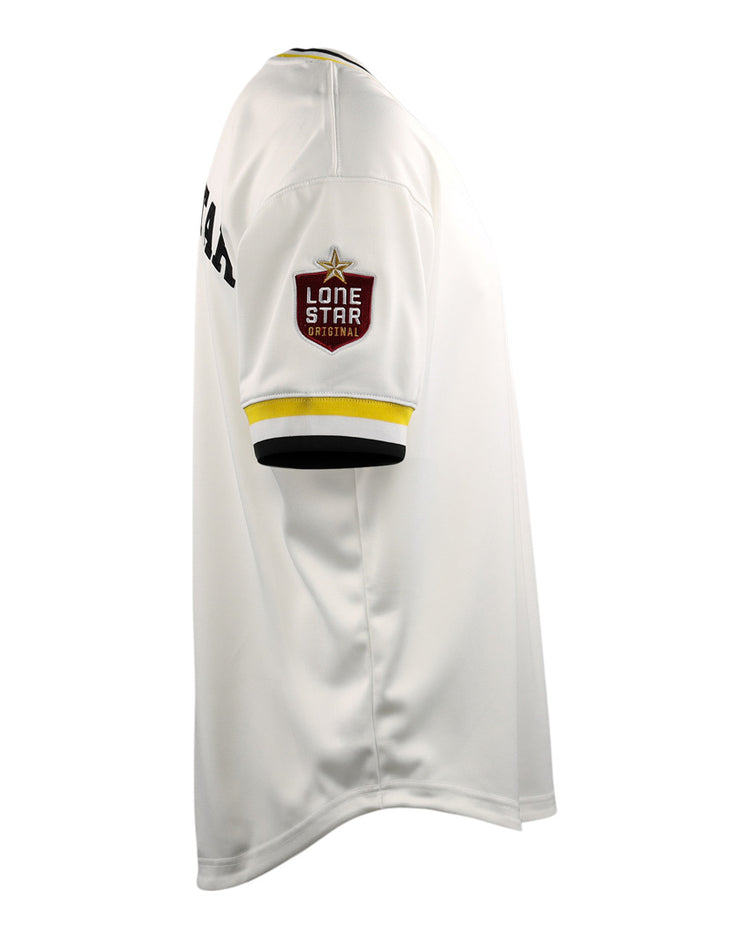 Side view of the white EFF Beeville Blazers Lone Star Baseball Jersey, featuring black and yellow sleeve trim and a distinctive Lone Star patch that captures the spirit of Corpus Christi.