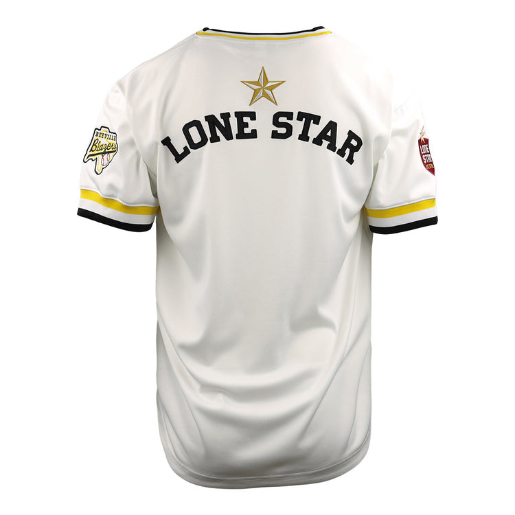 The EFF Beeville Blazers Lone Star Baseball Jersey is white with yellow and black trim, LONE STAR in bold black letters, a gold star on the back, and sleeve patches inspired by Joe Hunter Field in Corpus Christi.
