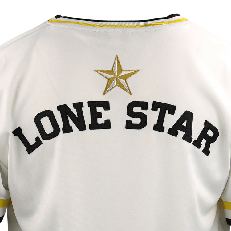 The Beeville Blazers EFF Lone Star Baseball Jersey by EFF features black LONE STAR lettering and a gold embroidered star on the back, accented with yellow and black striped collar and sleeves. Worn at Joe Hunter Field.