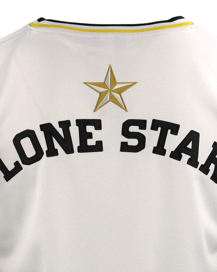 The Beeville Blazers EFF Lone Star Baseball Jersey by EFF features black LONE STAR lettering and a gold embroidered star on the back, accented with yellow and black striped collar and sleeves. Worn at Joe Hunter Field.
