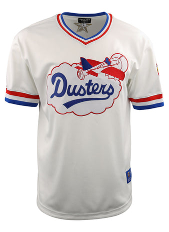Show your McAllen Dusters pride on the field with the EFF McAllen Dusters EFF Lone Star Baseball Jersey, featuring white fabric, red and blue trim, Dusters in blue script in a cloud, and a red airplane design above the text.